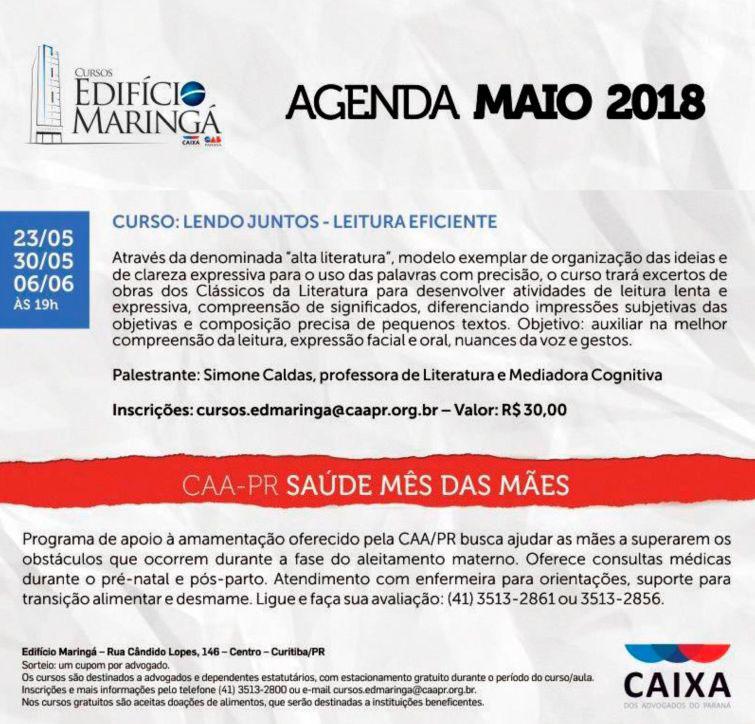 Curso de leitura eficiente integra a programação da Agenda de Maio do Edifício Maringá - Foto: Divulgação Curso de leitura eficiente integra a programação da Agenda de Maio do Edifício Maringá - Foto: Divulgação