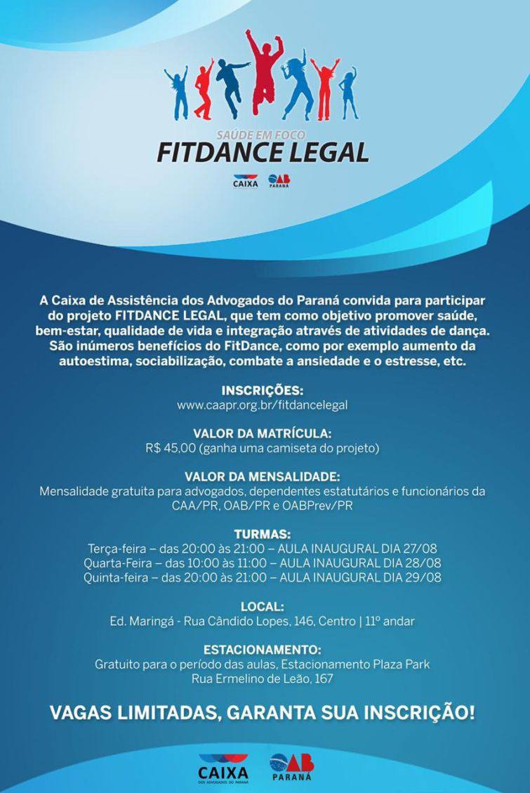 Inscrições para o projeto FitDance Legal em www.caapr.org.br/fitdancelegal - Foto: Divulgação Inscrições para o projeto FitDance Legal em www.caapr.org.br/fitdancelegal - Foto: Divulgação