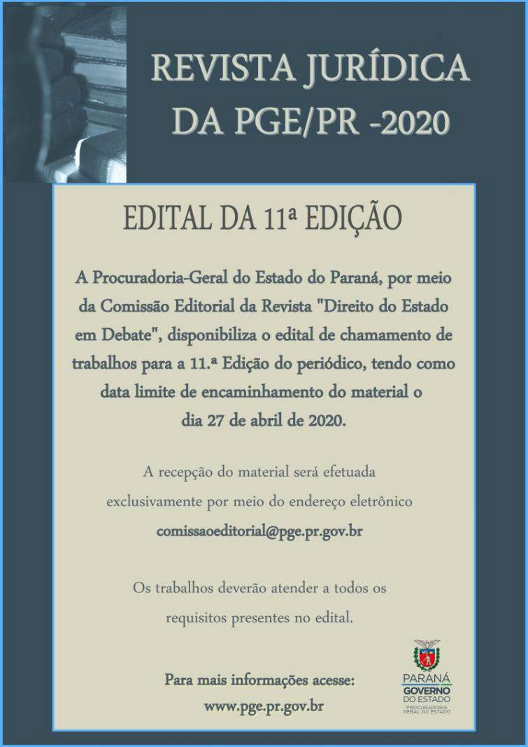 Associados da APEP interessados em participar da 11ª edição da revista “Direito do Estado e Debate” tem até dia 27 de abril para enviar artigos - Foto: Divulgação Associados da APEP interessados em participar da 11ª edição da revista “Direito do Estado e Debate” tem até dia 27 de abril para enviar artigos - Foto: Divulgação